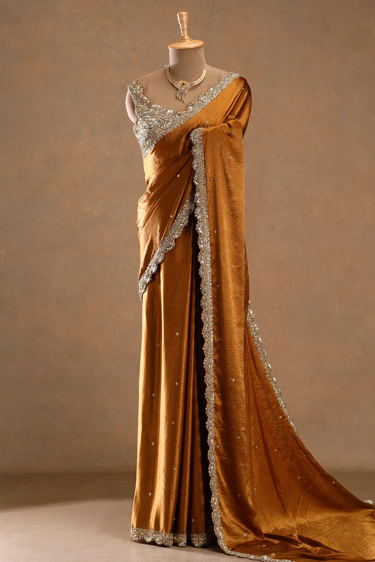 Mustard yellow zardosi embroidered crepe